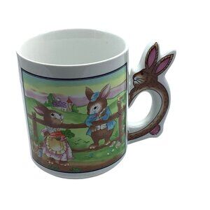 Vintage Easter Ceramic‎ Bunny Handle Coffee Mug Rabbit Scene Pasture 3.75"